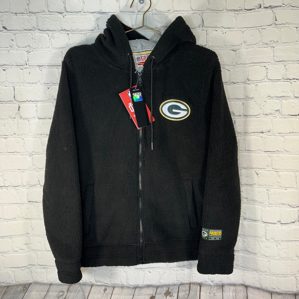 New NFL Ultra Game Green Bay Packers Sherpa Fleece Full Zip Hoodie Black Mens L